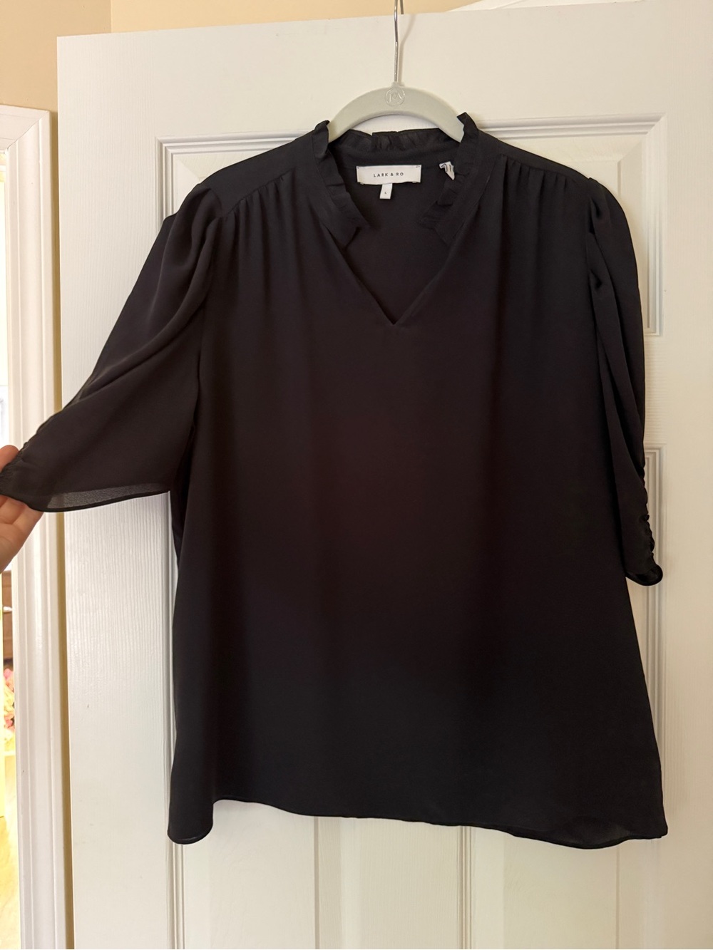 Lark & Ro Black V-Neck Ruffle Collar Blouse